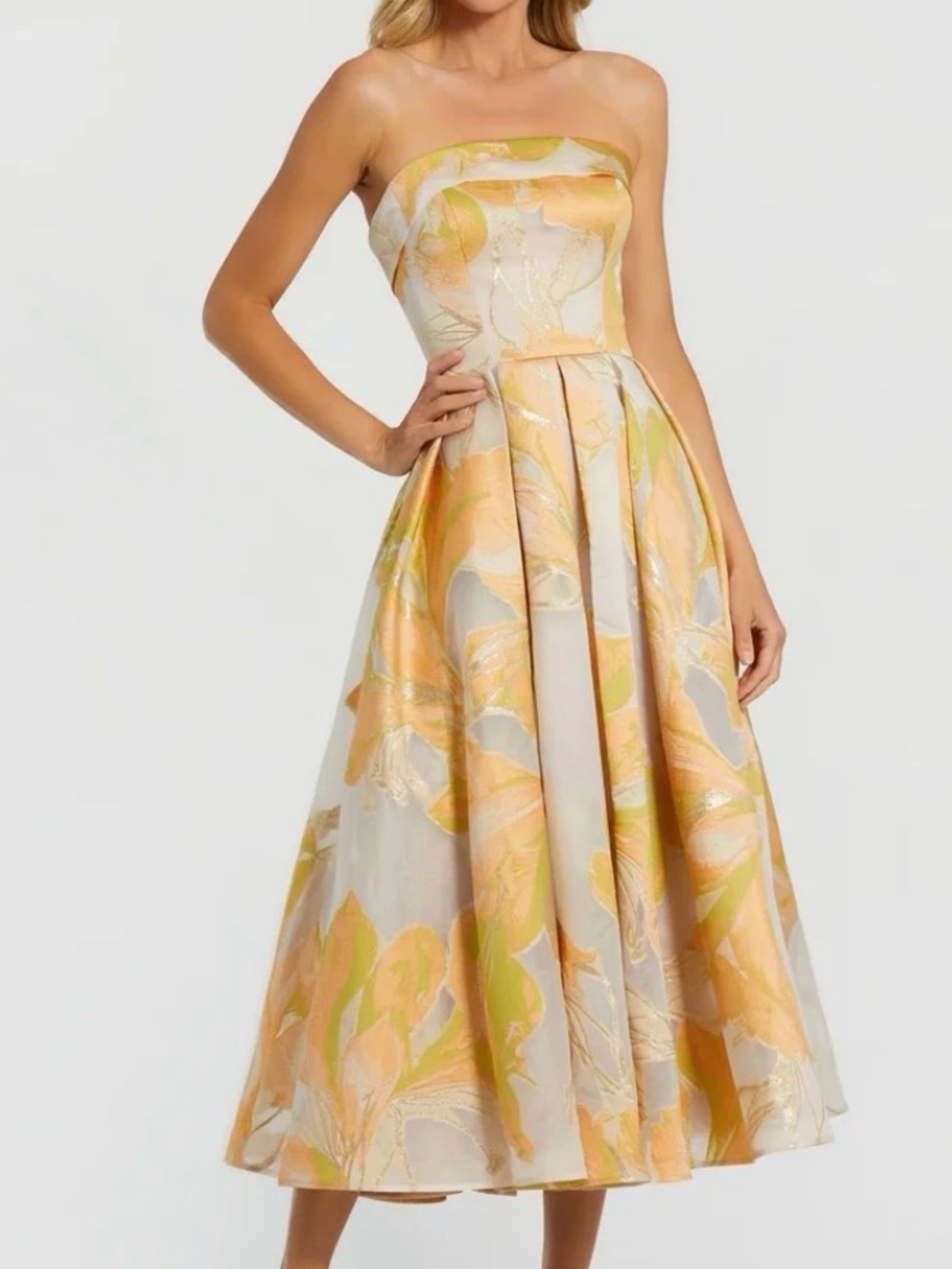 Mac Duggal Strapless Brocade Midi Dress with Pockets
